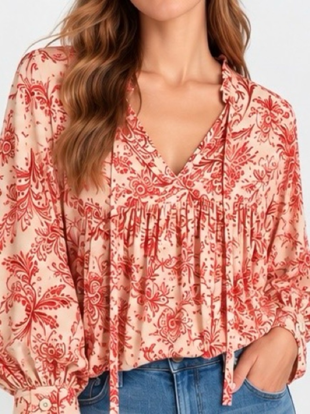 Anthropologie NWOT Tie Front Peasant Blouse M Red Cream Floral Toile